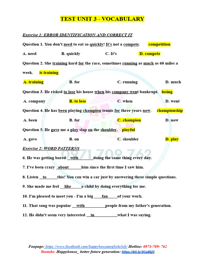 Vocabulary Test Unit 3 Exercises | PDF