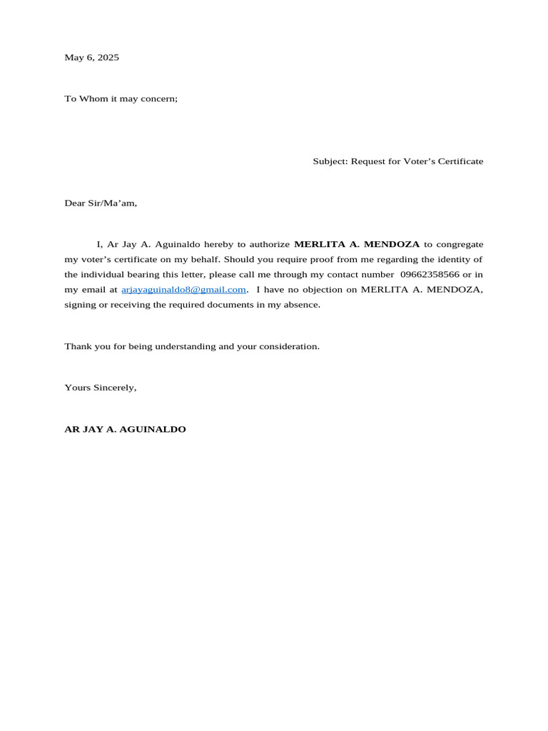Authorization Letter for Voter's Certificate | PDF