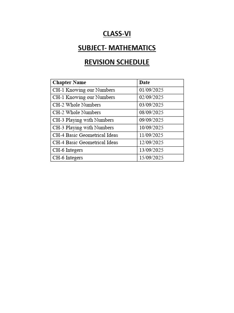 Class VI Math Revision Schedule | PDF