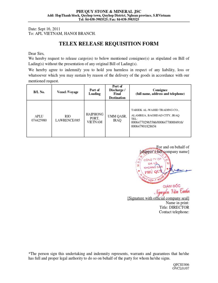 Cargo Release Request (APL) | PDF | Business | Law
