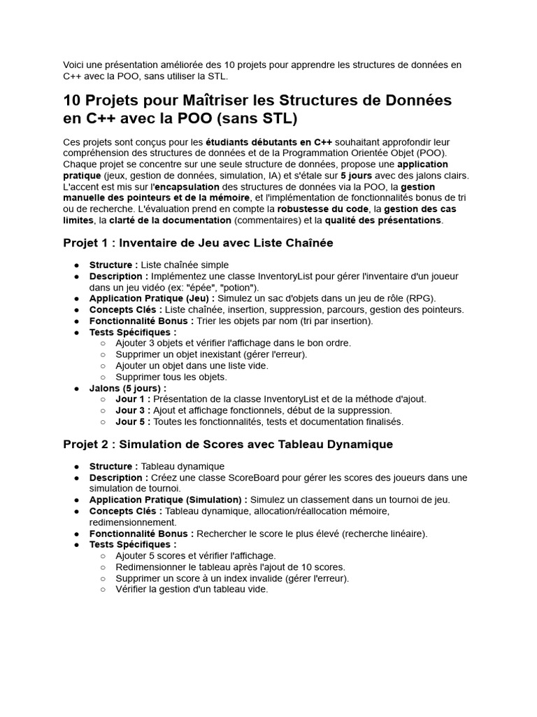 10 Projets C++ POO sans STL pour Débutants | PDF | C ++ | Informatique