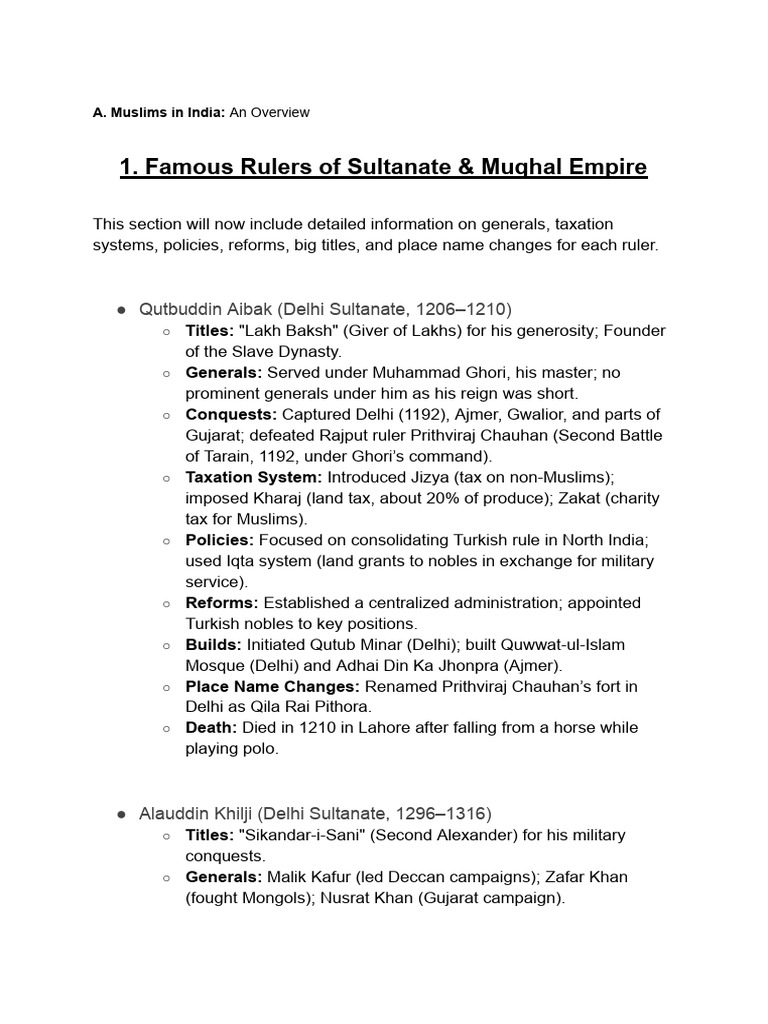 Overview of Muslim Rulers in India | PDF | Sufism