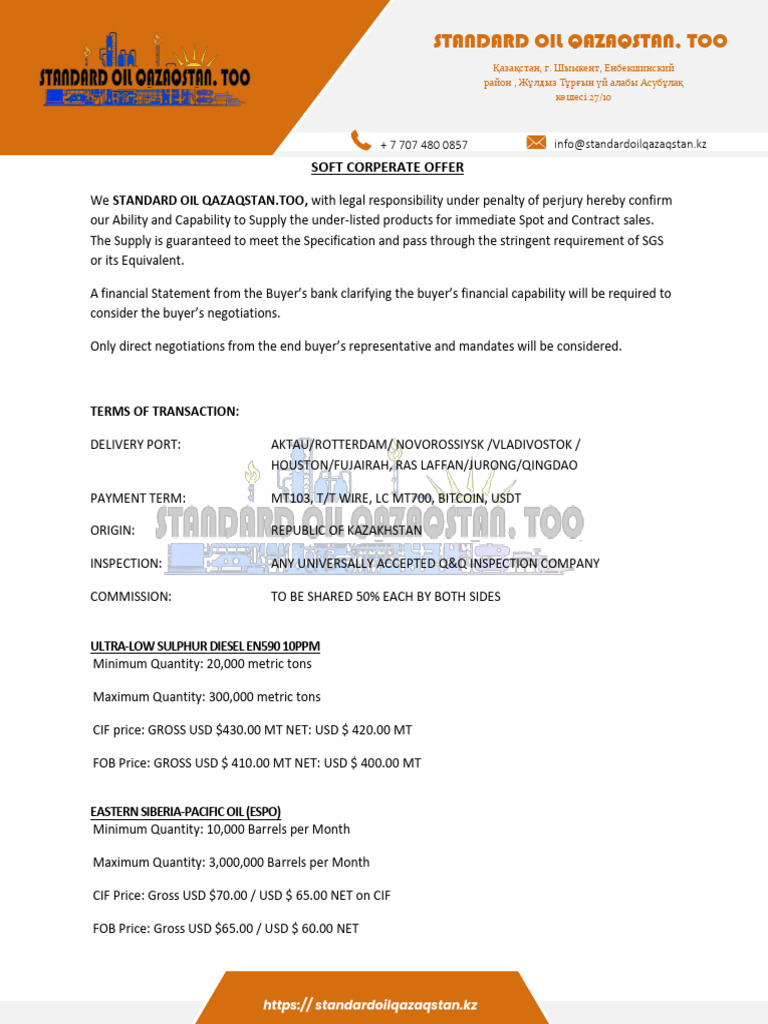 Uralsk Oil Refinery Supply Offer | PDF | Barrel (Unit) | Letter Of Credit