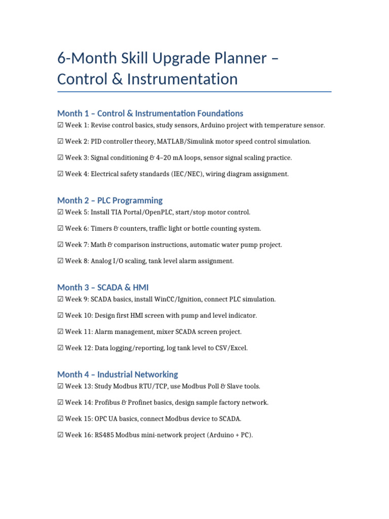 6-Month Control & Instrumentation Plan | PDF