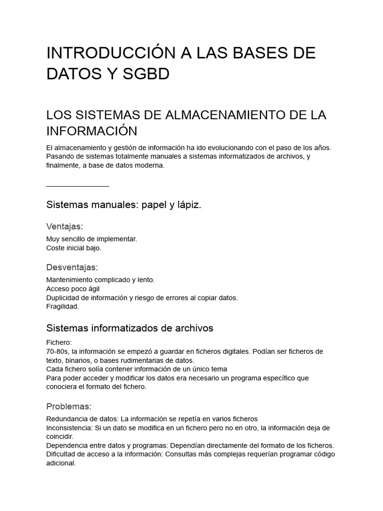 Introducción a Bases de Datos y SGBD | PDF | Bases de datos | Mi sql