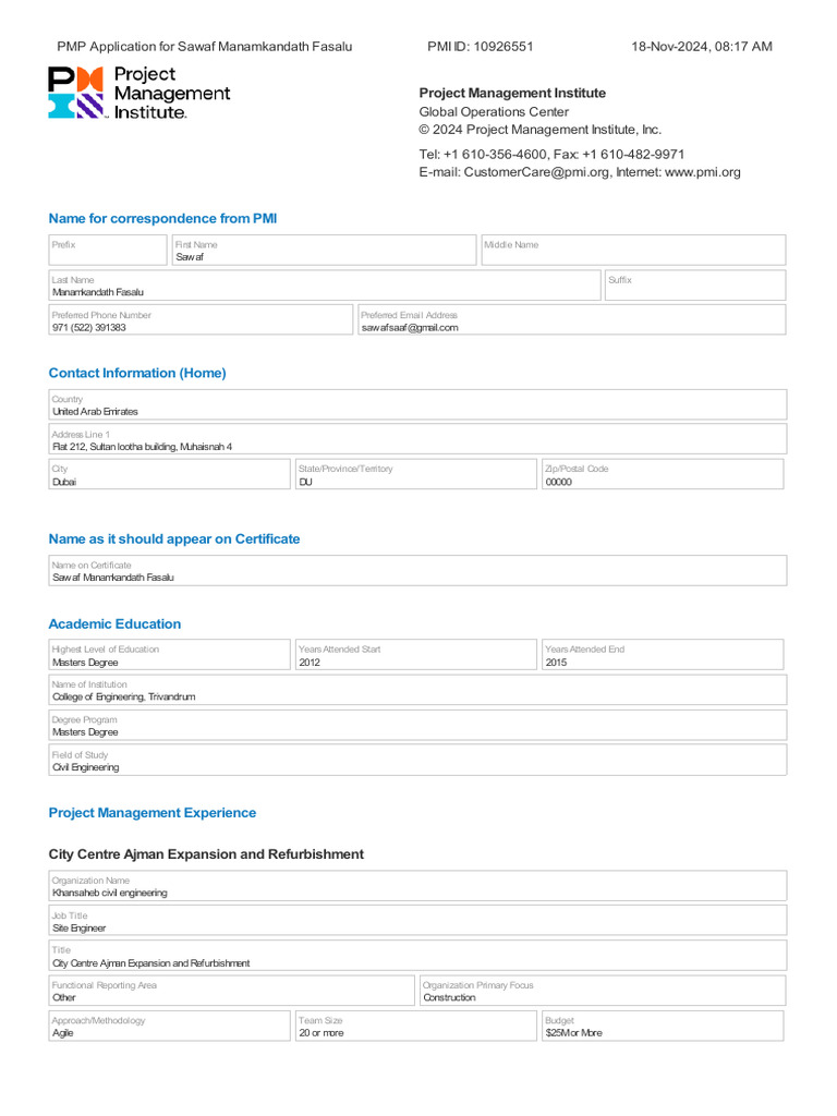 PMP Application for Sawaf Fasalu | PDF