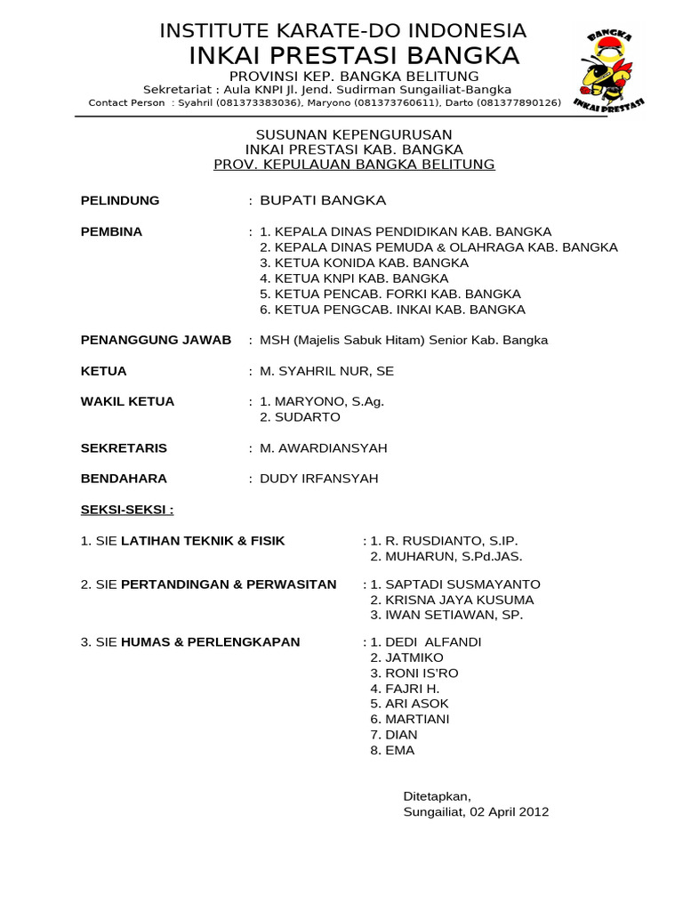 Struktur Pengurus INKAI Bangka | PDF