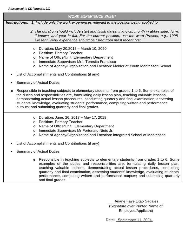Work Experience Sheet for Teacher Role | PDF | Learning