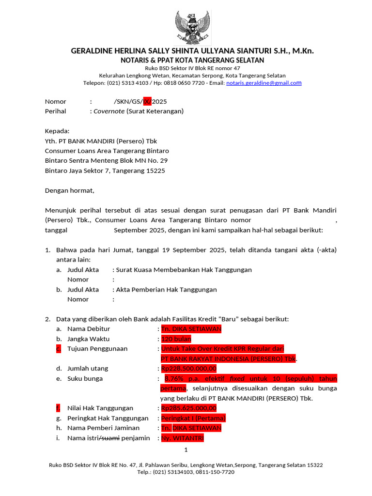 Covernote Notaris untuk Bank Mandiri | PDF
