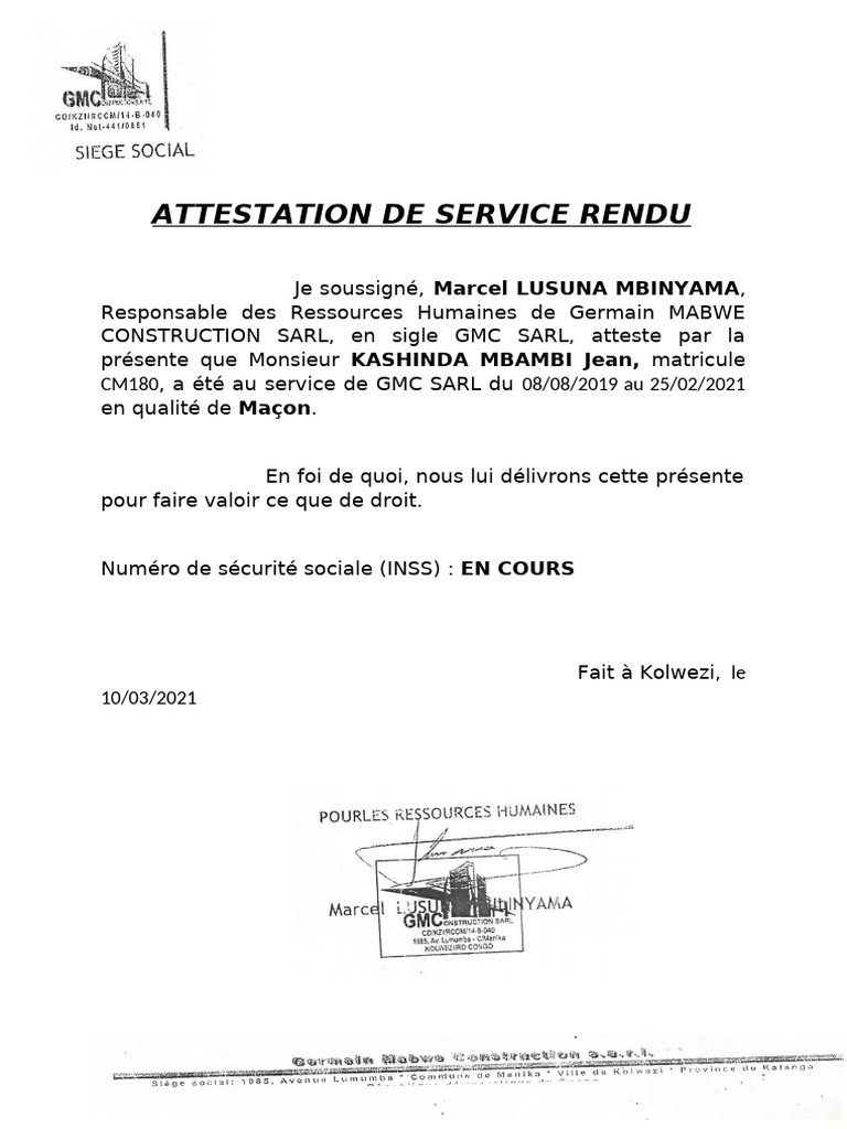 Attestation de Service Rendu - GMC SARL | PDF