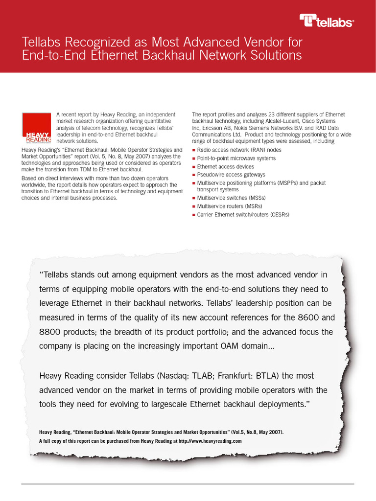Tellabs: Leader in Ethernet Backhaul Solutions | PDF | Computer Network ...