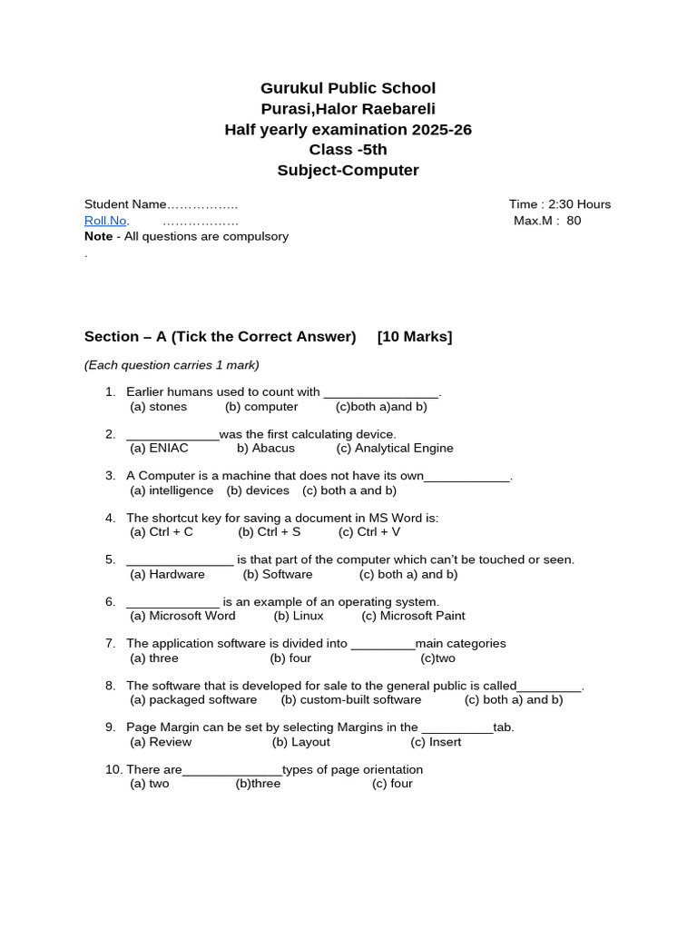 Class 5 Computer Half Yearly Exam 2025 | PDF | Personal Computers ...