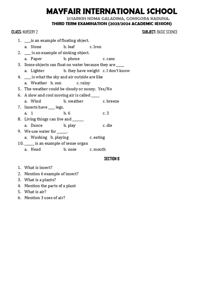 Nursery 2 Third Term Exams 2023/24 | PDF