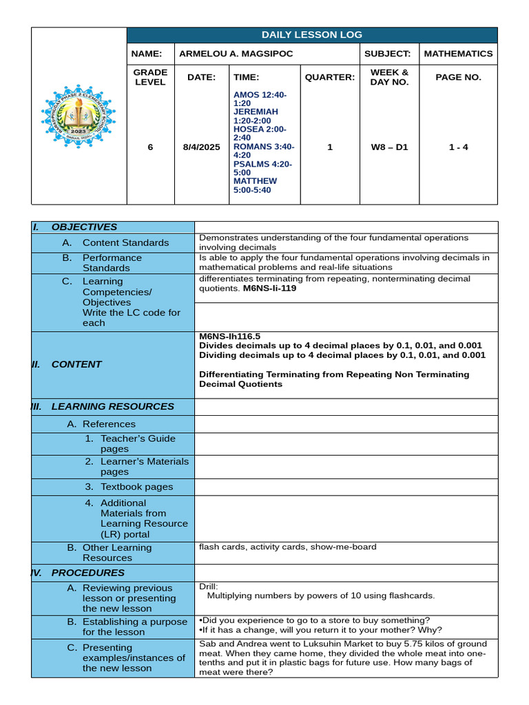 Daily Mathematics Lesson Log: Decimals | PDF | Teachers | Learning