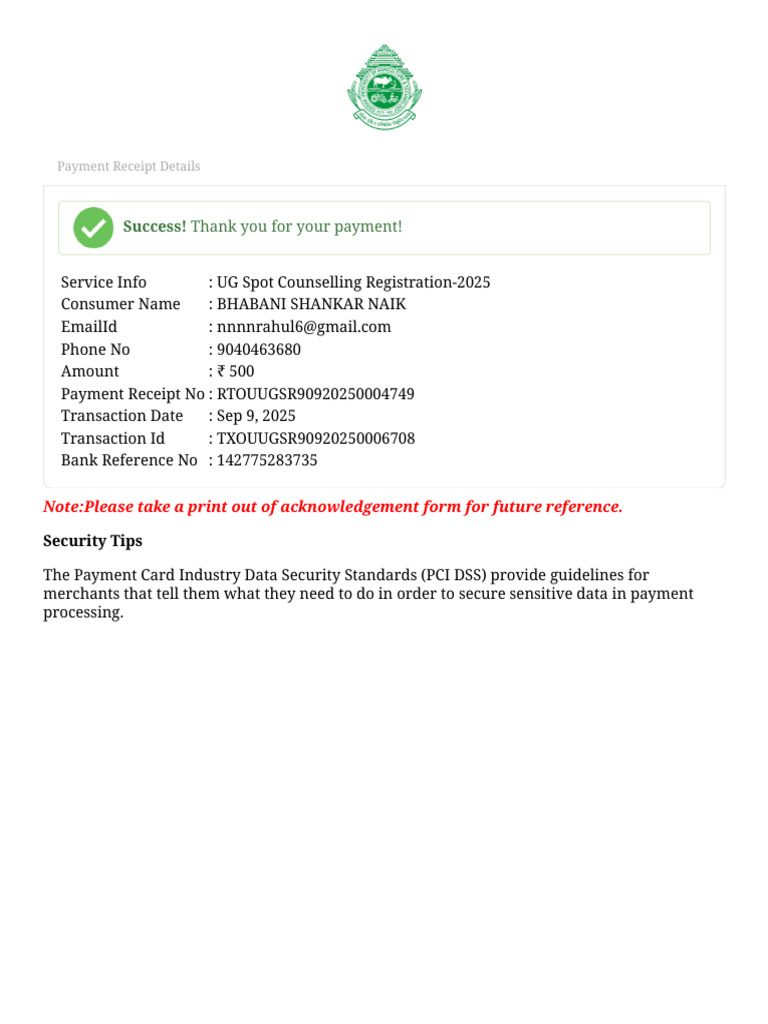 UG Spot Counselling Payment Receipt 2025 | PDF