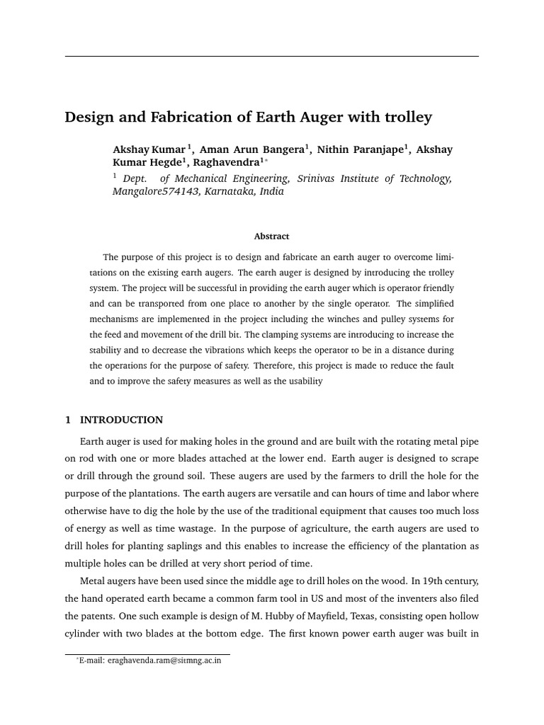 Earth Auger Design with Trolley System | PDF | Welding | Construction