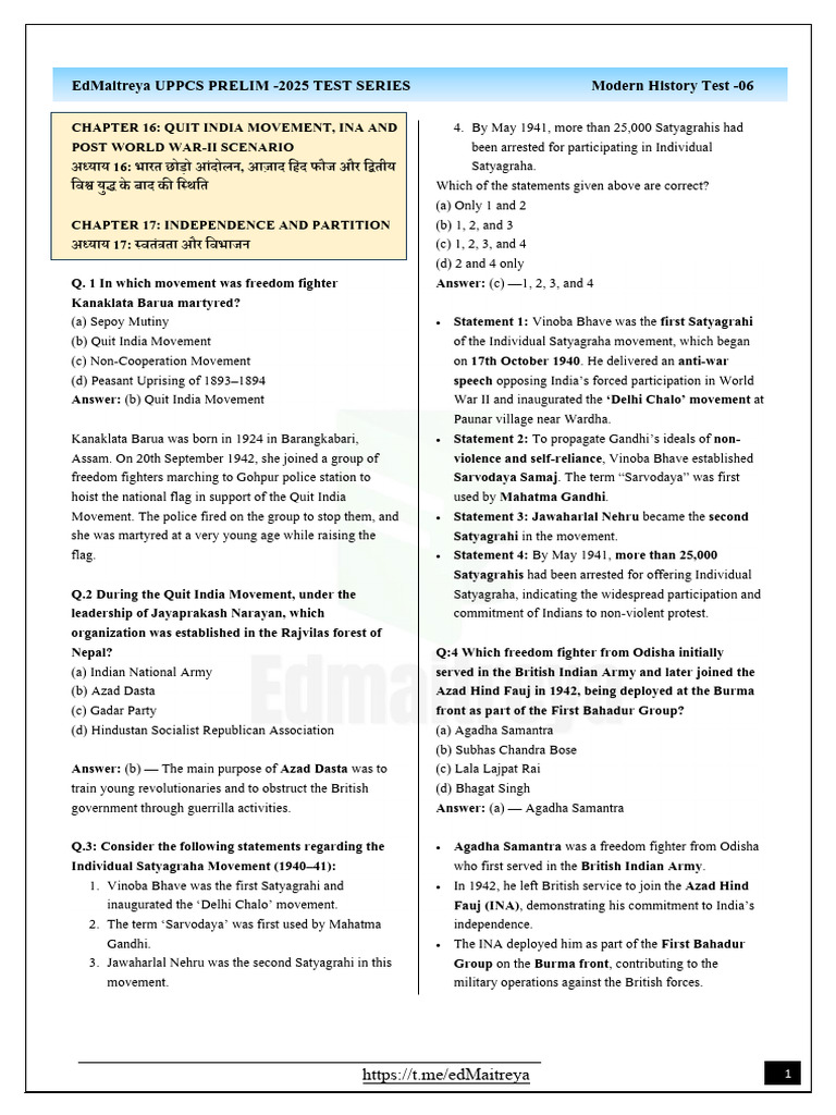 UPPCS 2025 Modern History Test Series | PDF | Indian National Congress ...
