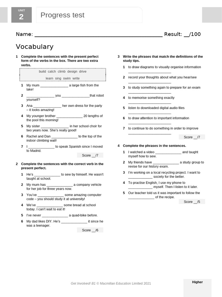 Unit 2 Progress Test: Higher Level | PDF | Bus