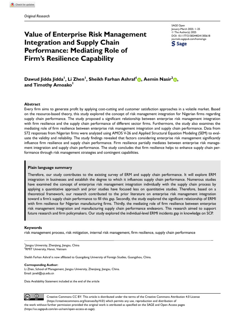 Value of Enterprise Risk Management Integration and Supply Chain ...