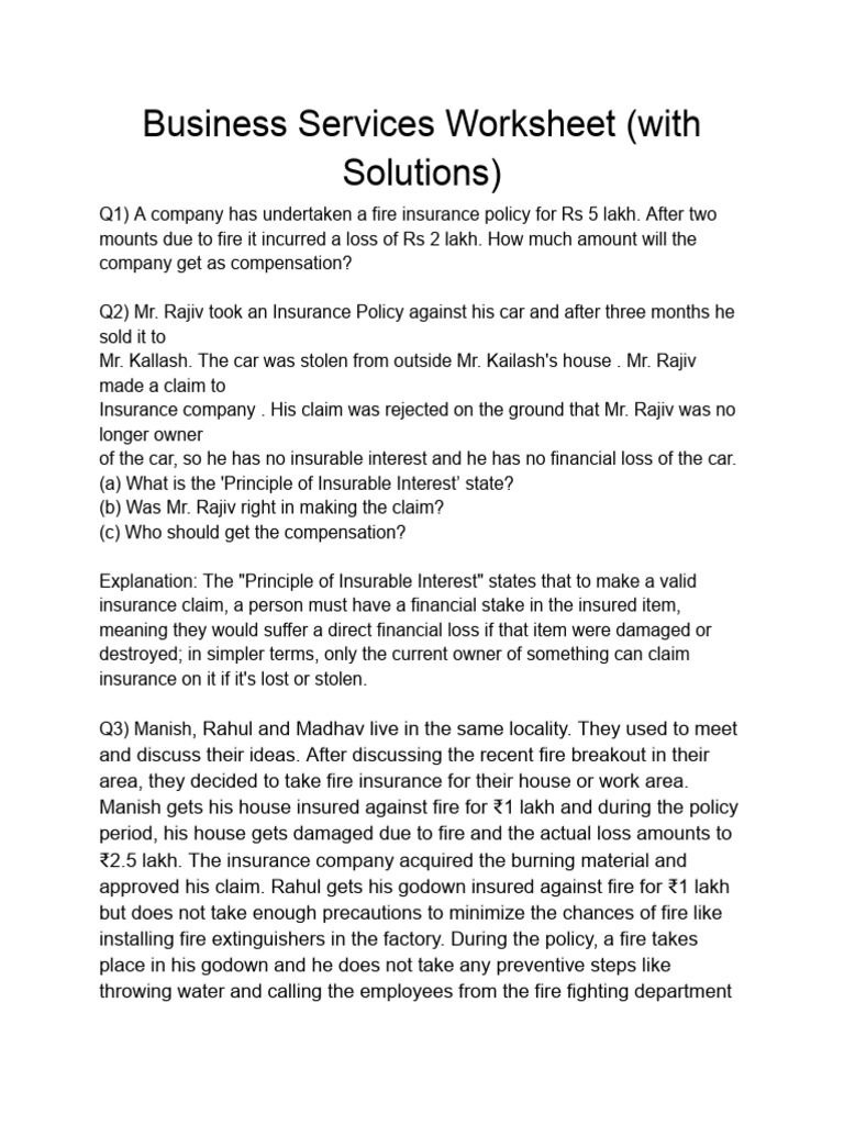 Business Services Worksheet | PDF | Insurance | Subrogation