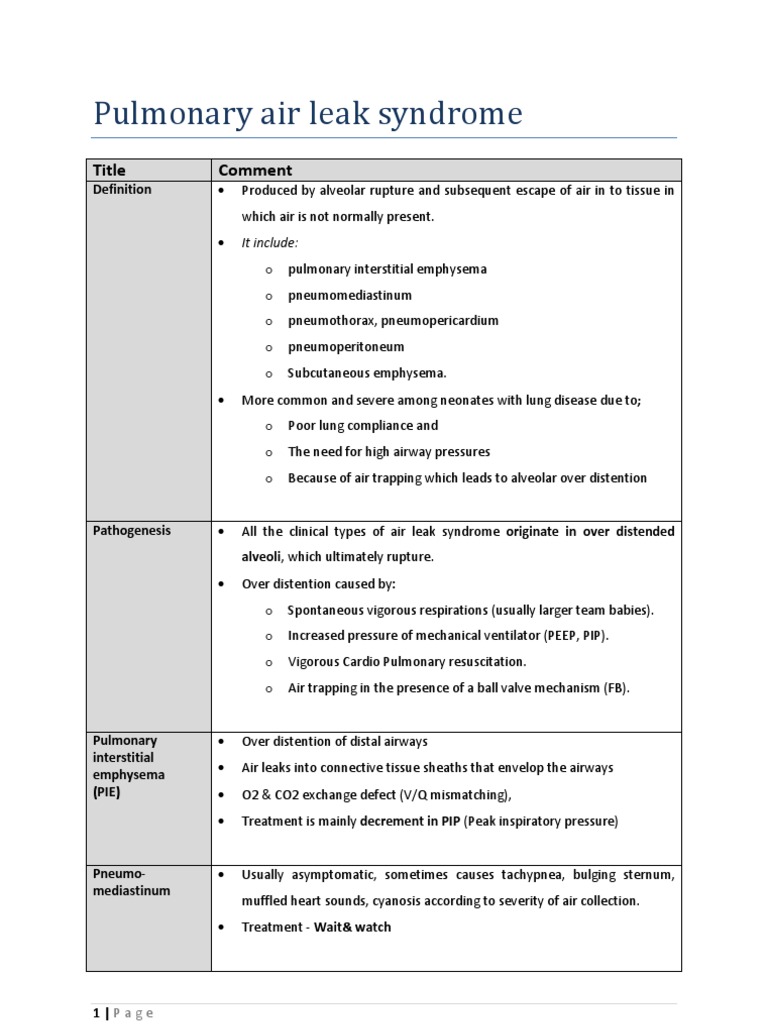 Pulmonary Air Leak Syndrome Lung Pulmonology