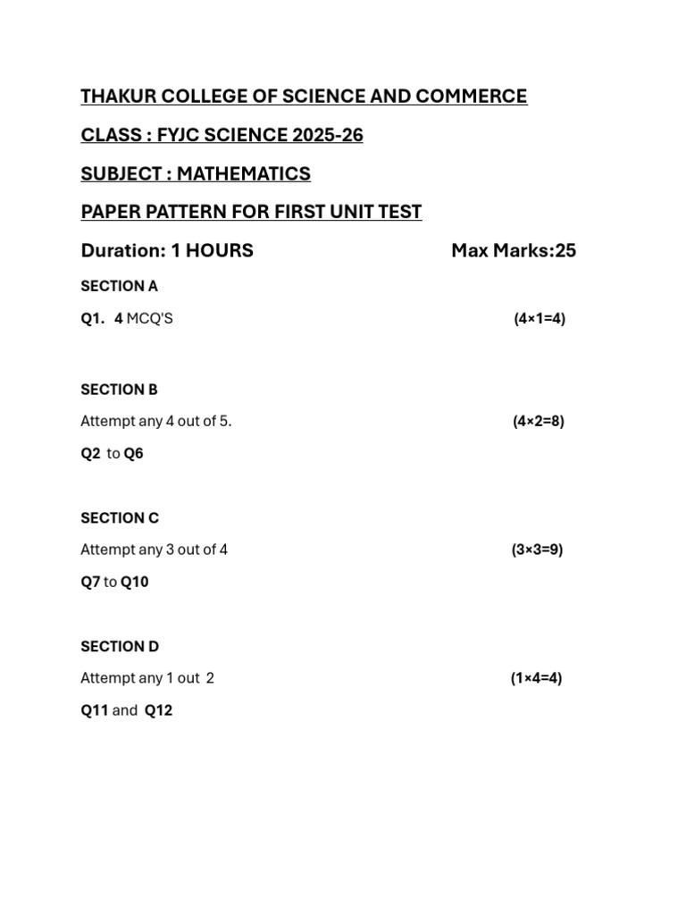 FYJC Science Math Unit Test Pattern | PDF