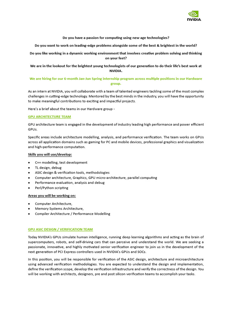 NVIDIA Spring Internship Opportunities | PDF | System On A Chip ...