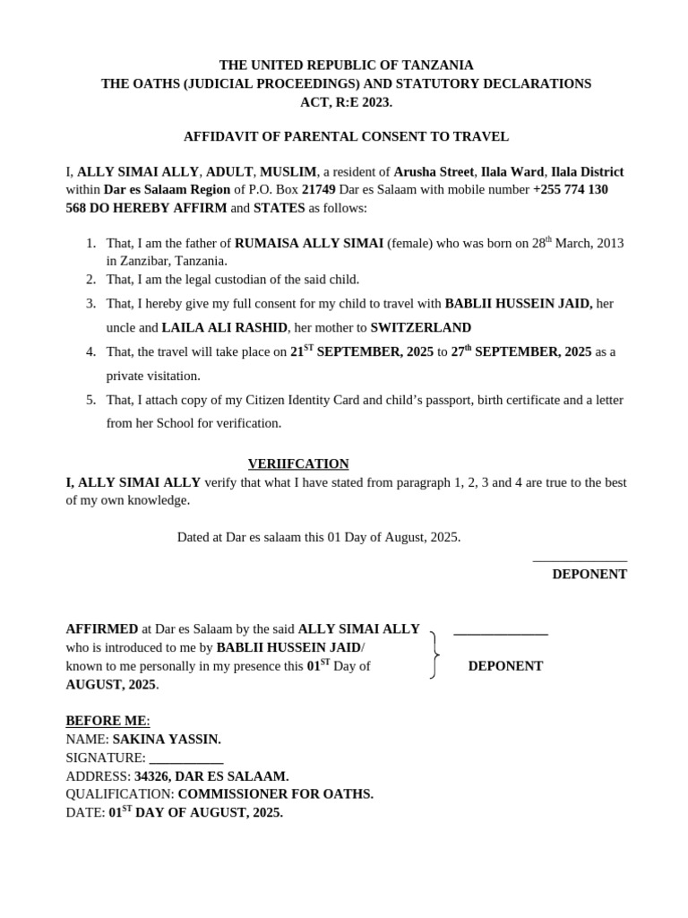Parental Consent Affidavit for Travel | PDF