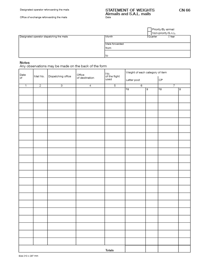 Mail Weight Statement Form CN 66 | PDF