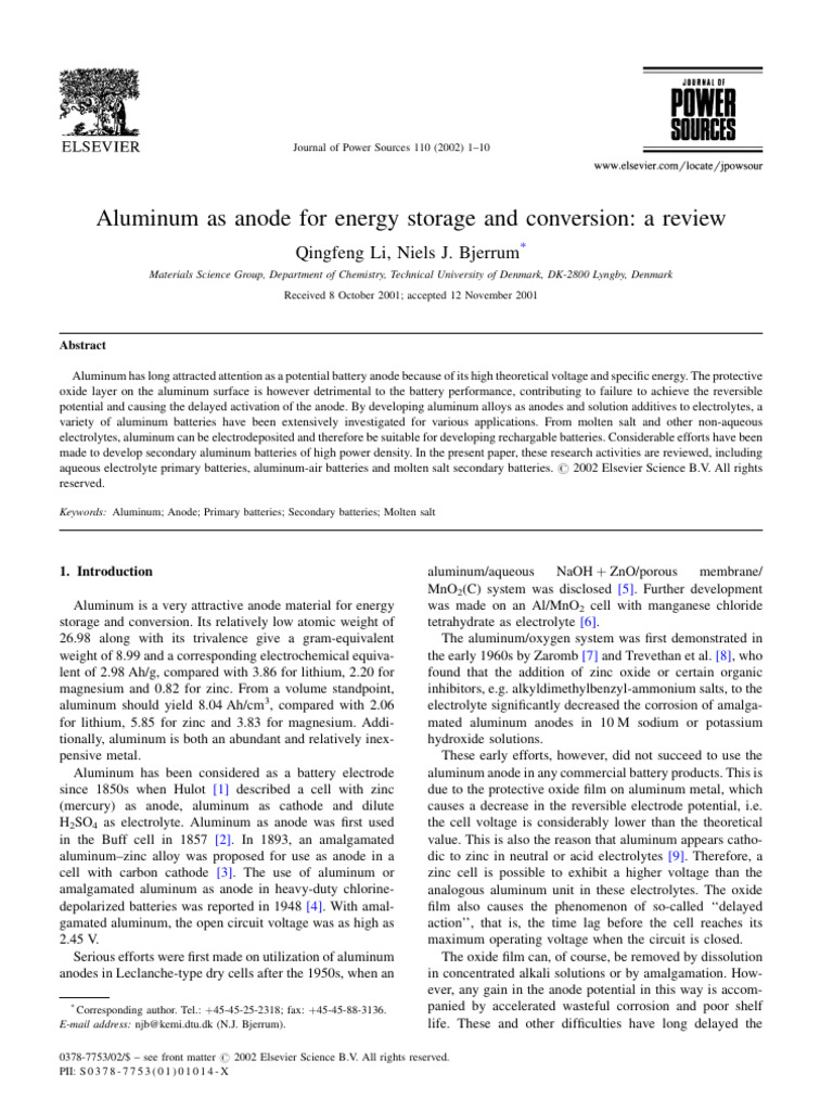 Aluminum Anodes in Energy Storage Batteries | PDF | Electrochemistry ...