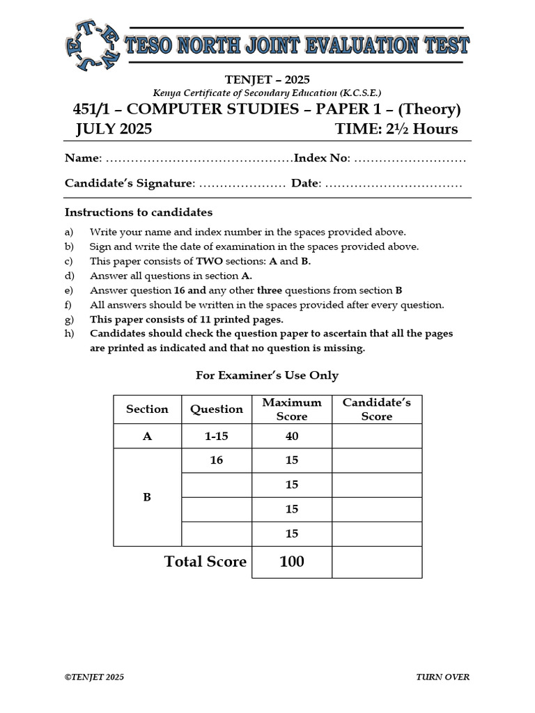 KCSE Computer Studies Paper 1 2025 | PDF | Computer Engineering ...