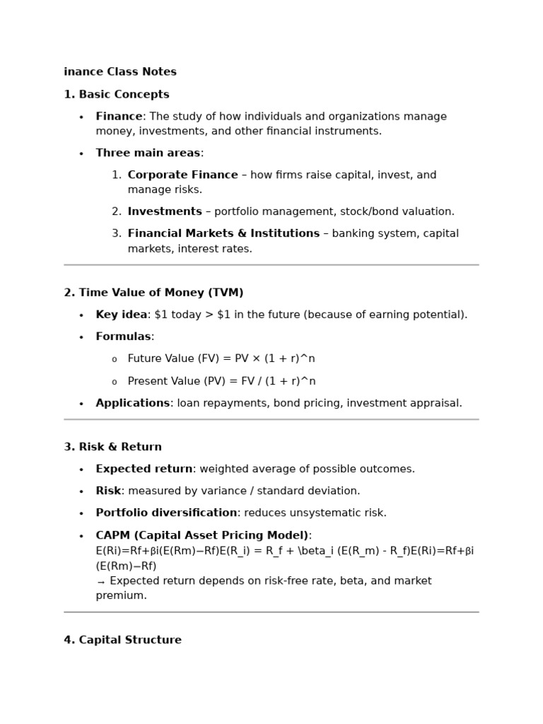 Finance Class Notes Overview | PDF