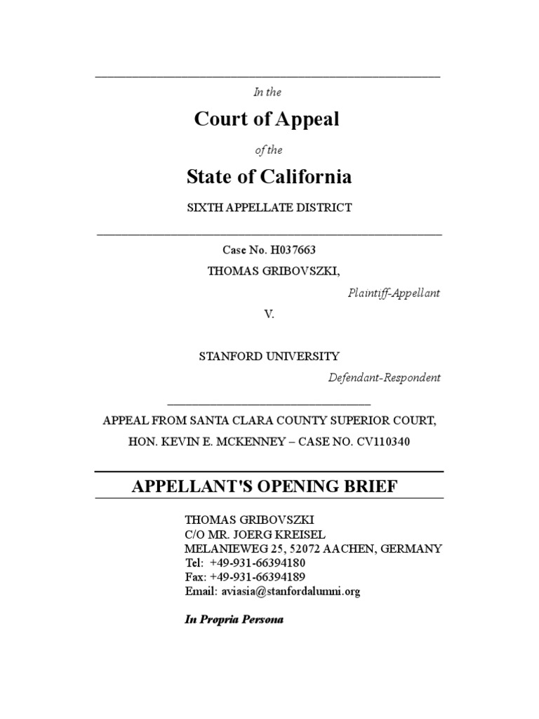 Appellant's Opening Brief: Gribovszki v. Stanford | PDF | Demurrer ...