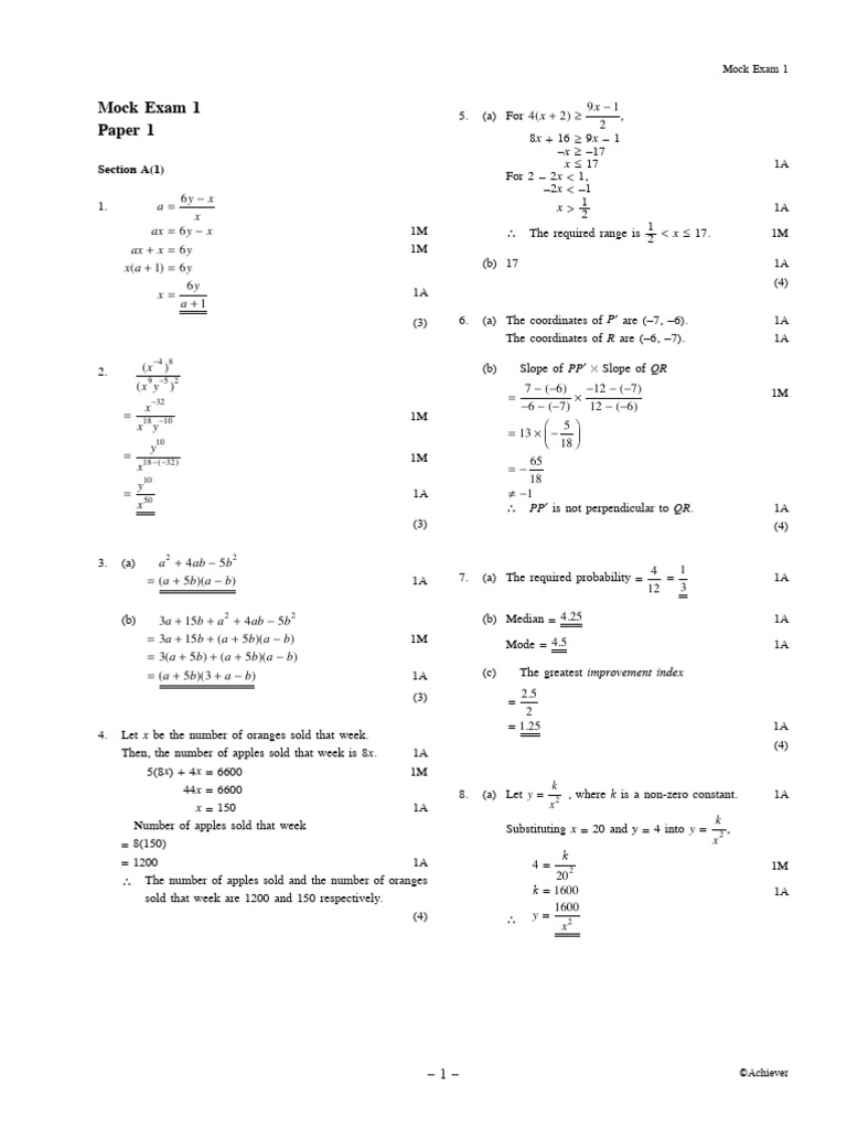 Mathematics Mock Exam 1 Solutions | PDF | Angle | Mathematical Objects