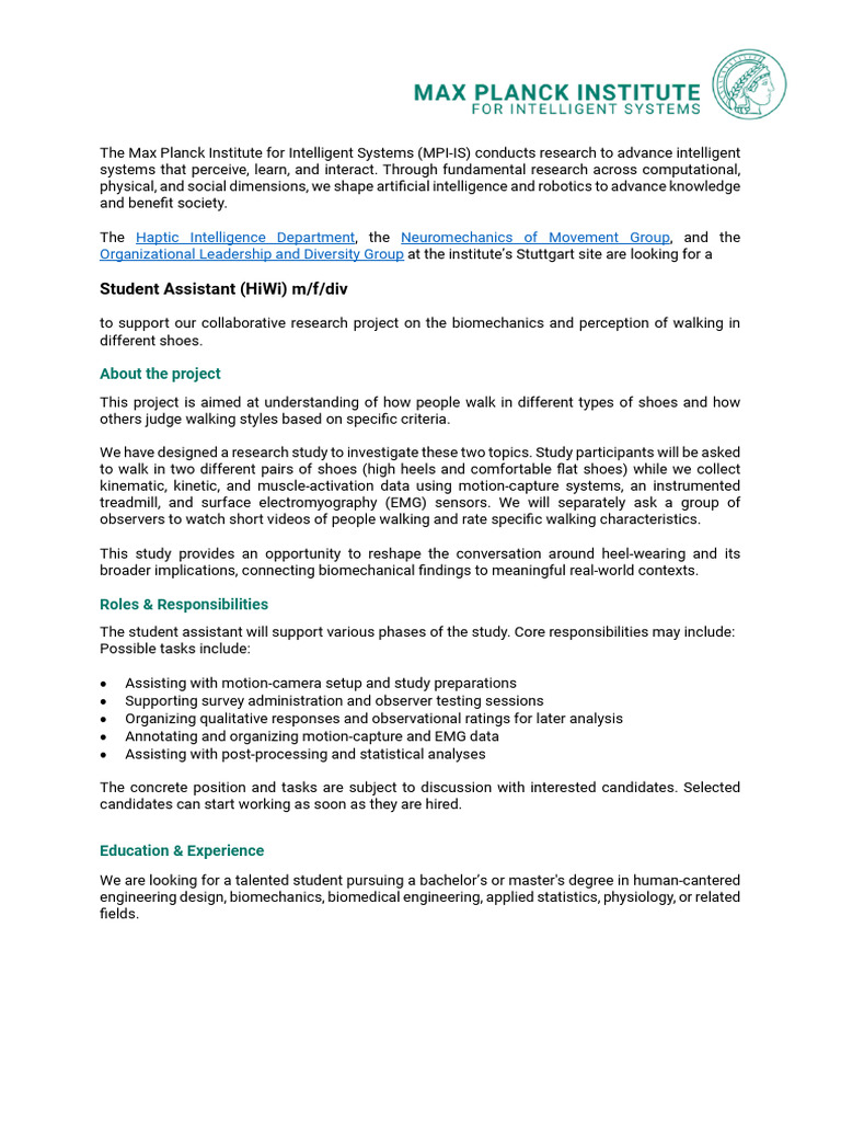 Student Assistant Position in Biomechanics | PDF | Data | Biomechanics