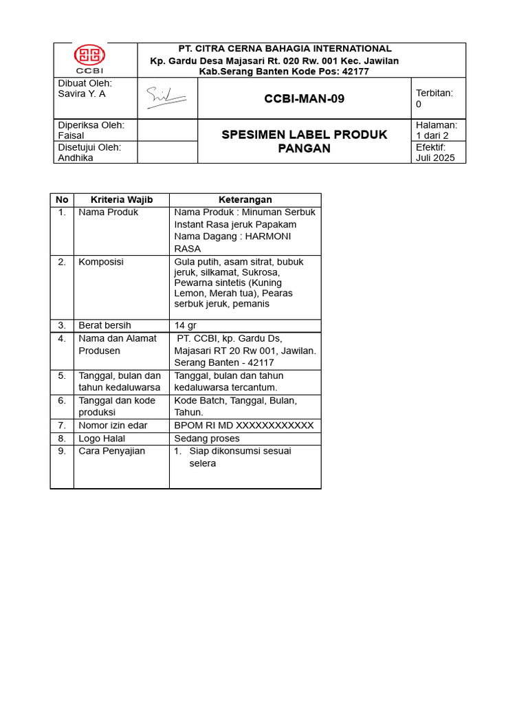 MAN-09 Spesimen Label Produk Pangan - CCBI | PDF