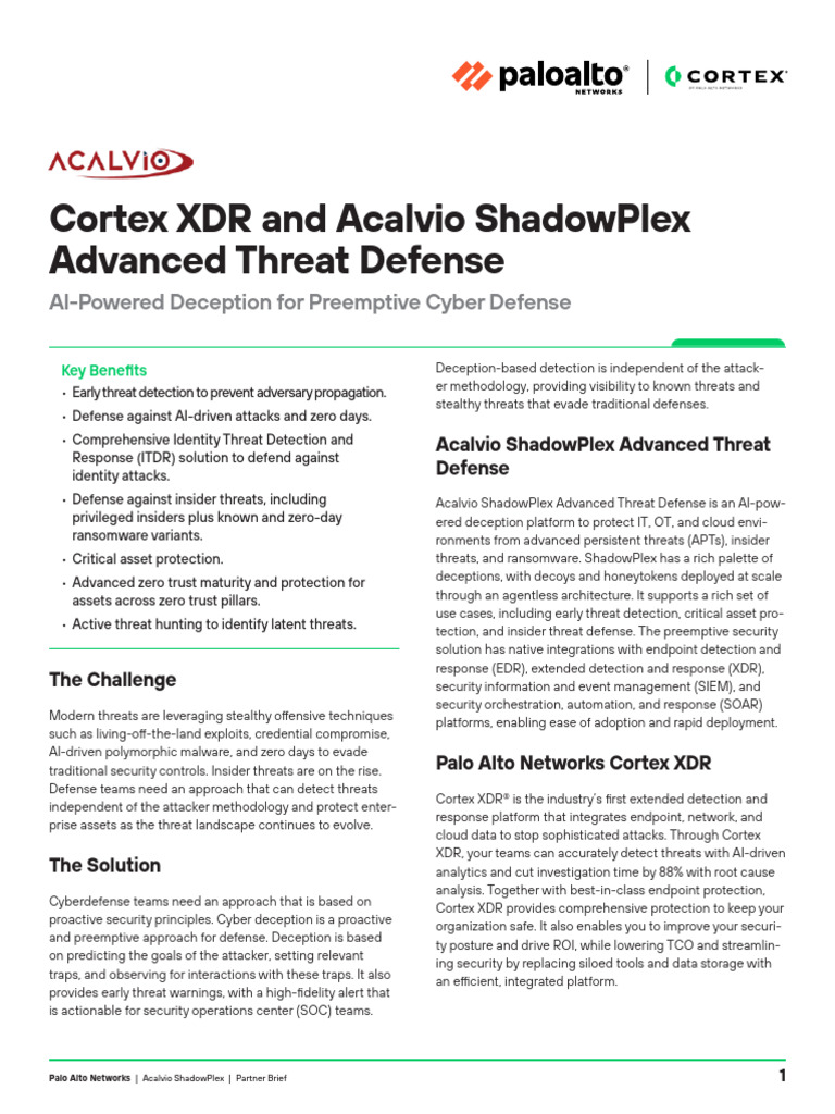 Cortex XDR and Acalvio ShadowPlex | PDF | Security | Computer Security