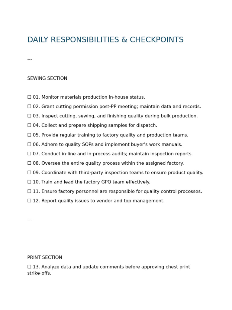 Daily Quality Control Responsibilities | PDF