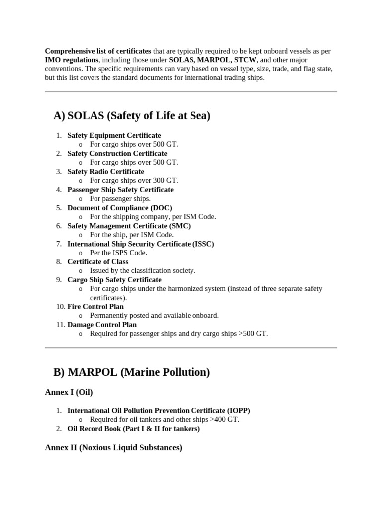 Essential Vessel Certificates List | PDF | Ships | Shipping