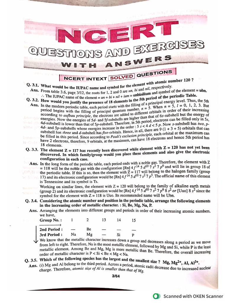 Ncert Questions of Chapter 3 Classification of Elements GR 11 | PDF