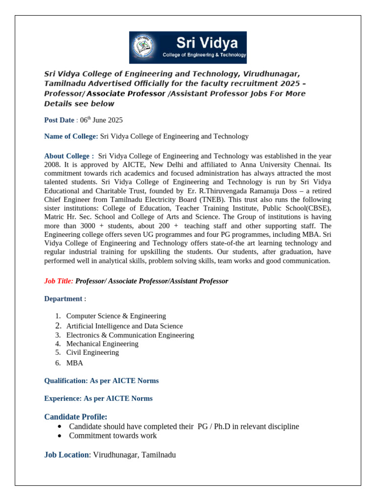 Faculty Recruitment at Sri Vidya College 2025 | PDF