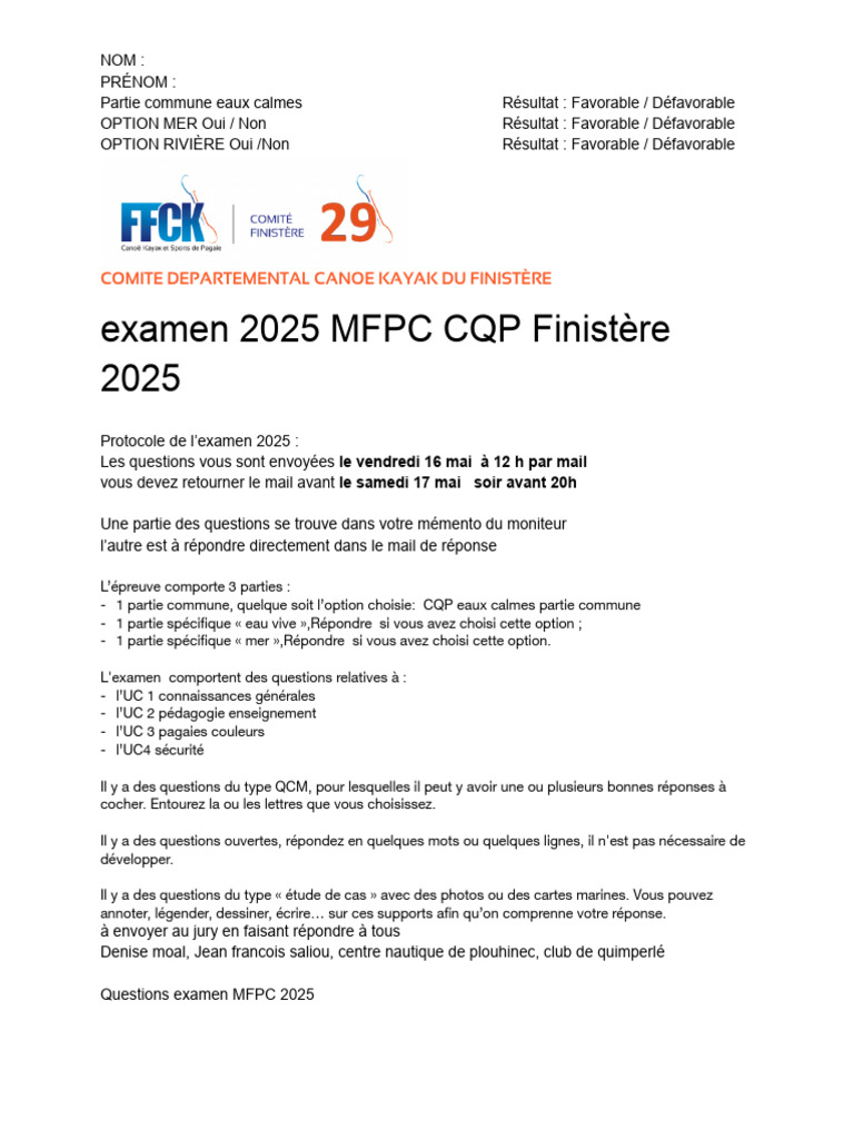 Examen MFPC 2025 Canoë-Kayak Finistère | PDF | Kayak | Sciences de la terre