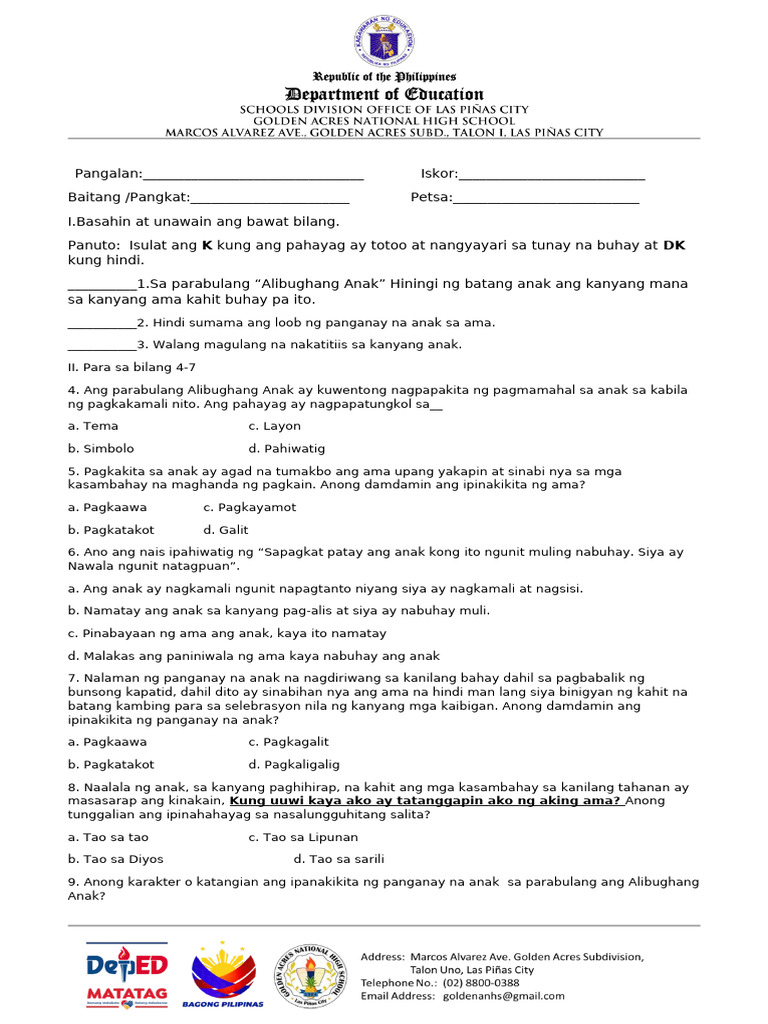 Pretest-Filipino 9, Catch-Up Friday With Answer Key | PDF