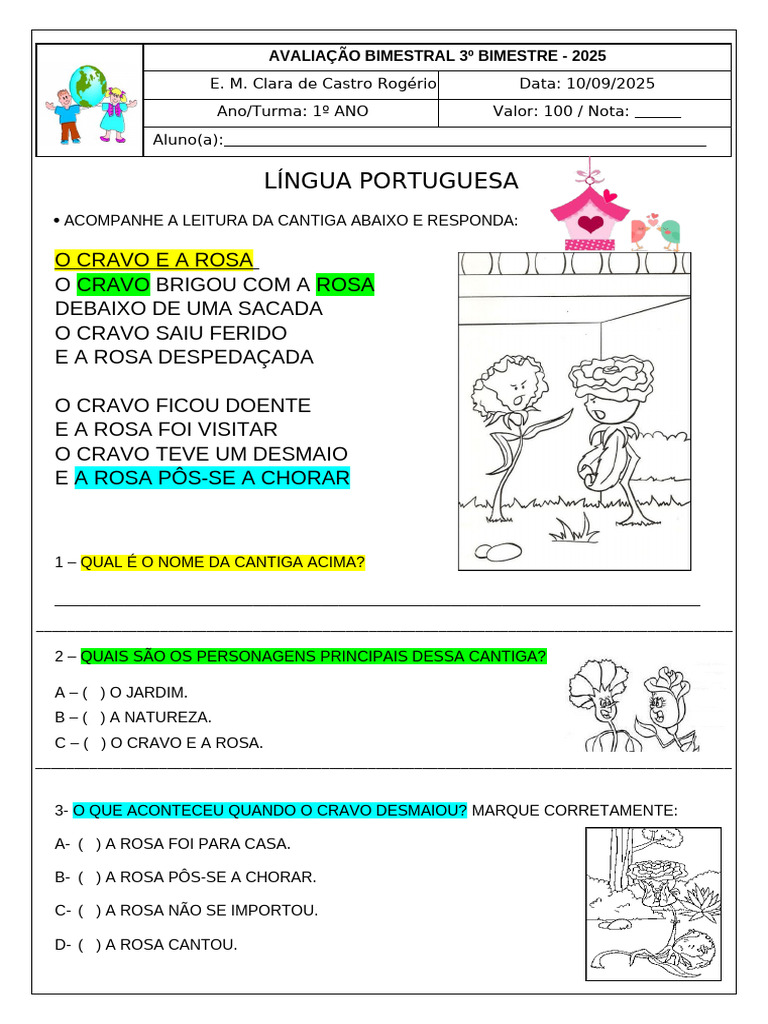 Avaliação de Língua Portuguesa 1º Ano | PDF