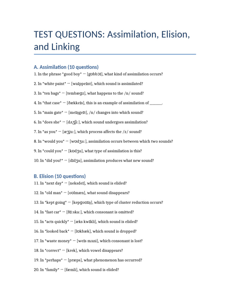 Assimilation Elision Linking Test | PDF