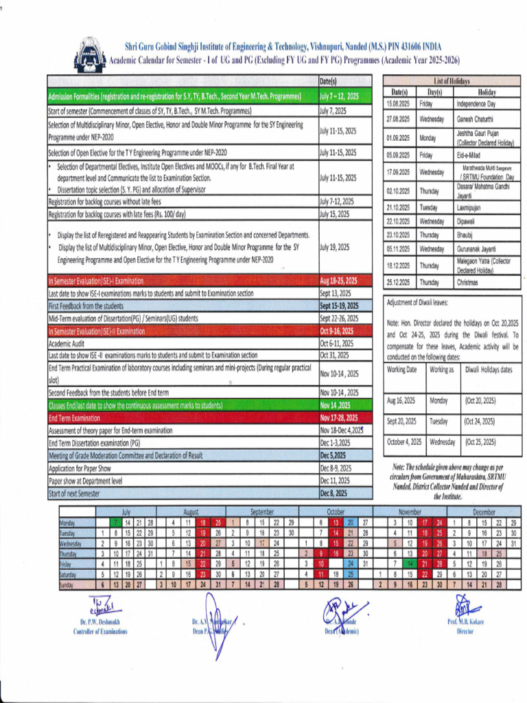 Academic Calendar 2025-2026 for Engineering | PDF | Educational Stages ...