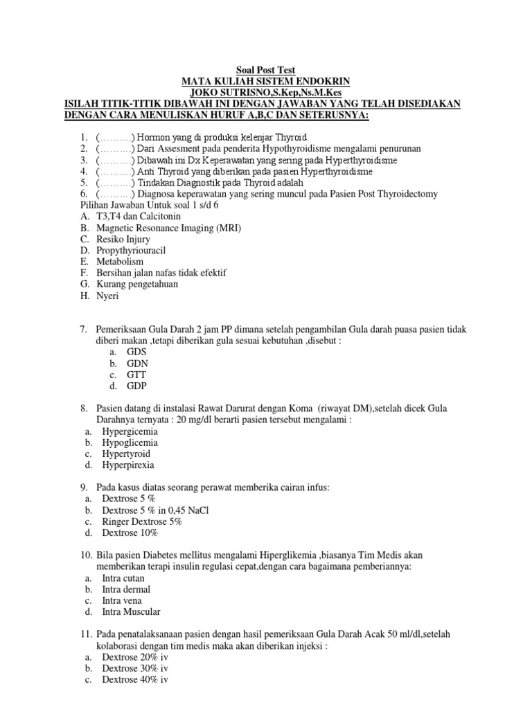 Soal Post Test Sistem Endokrin