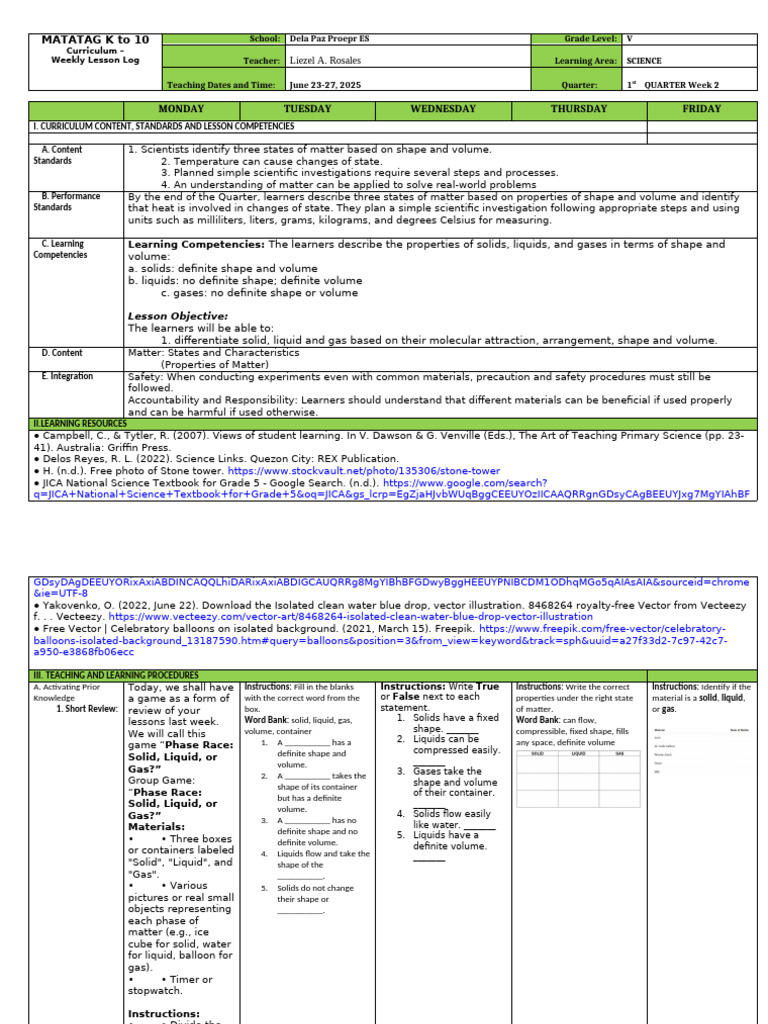 Grade 5 Science Weekly Lesson Plan | PDF | Gases | Liquids