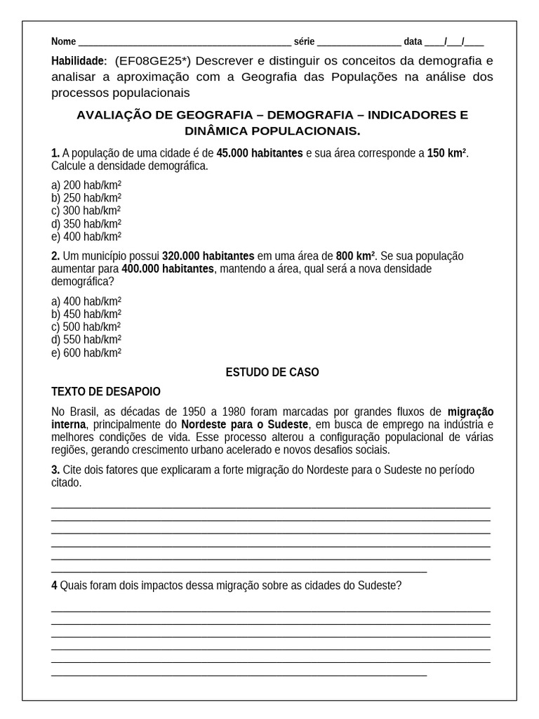 Avaliação de Geografia 8 Ano | PDF | Crescimento populacional ...