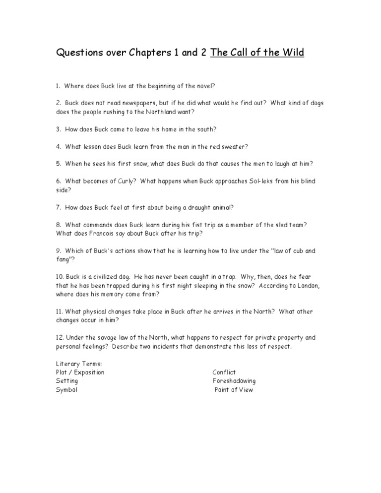 Questions Over Chapters 1 and 2 the Call of the Wild